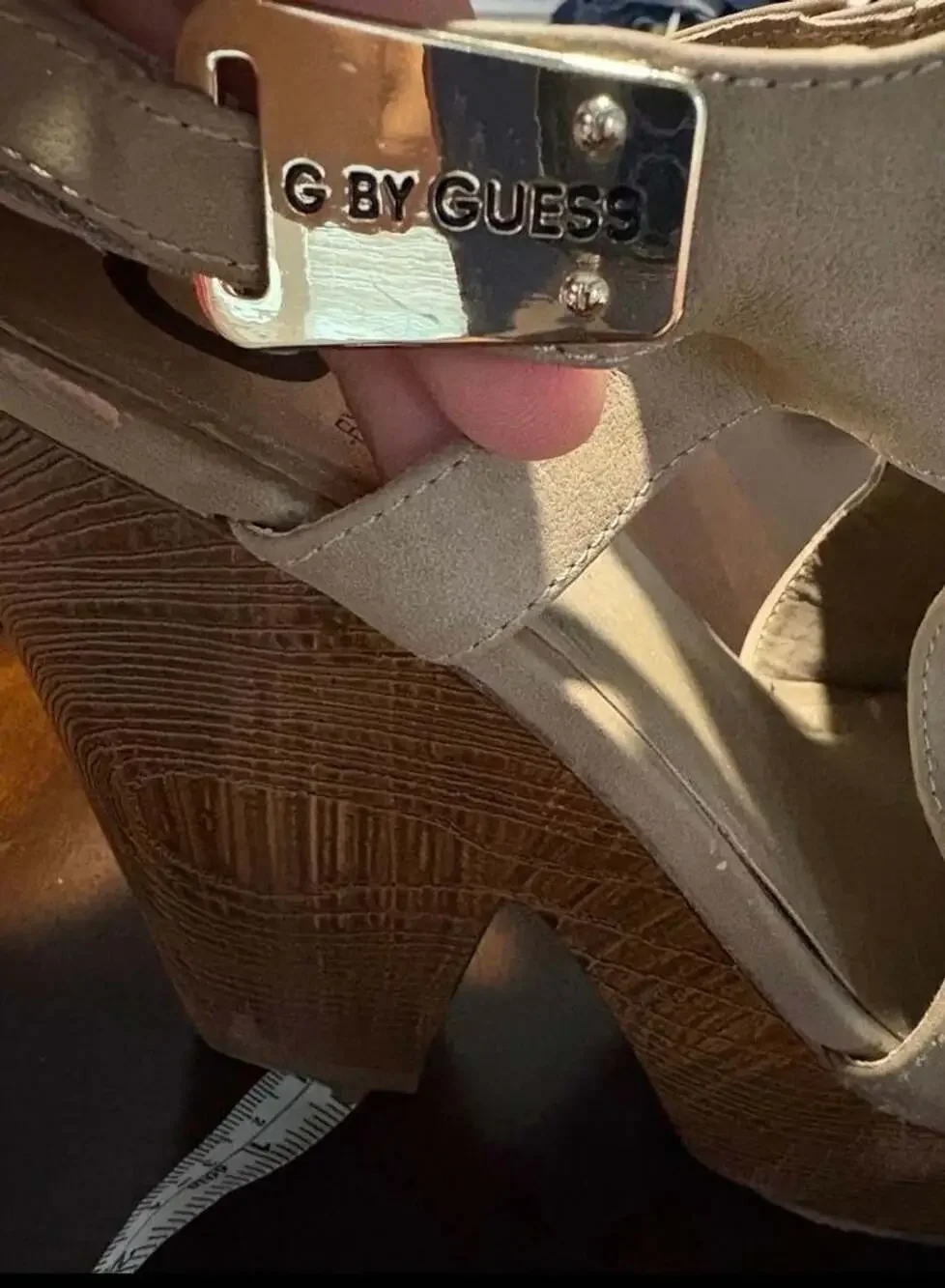 G by GUESS Taupe Platform Wedge Sandals Women's 10M Zip Front Peep Toe